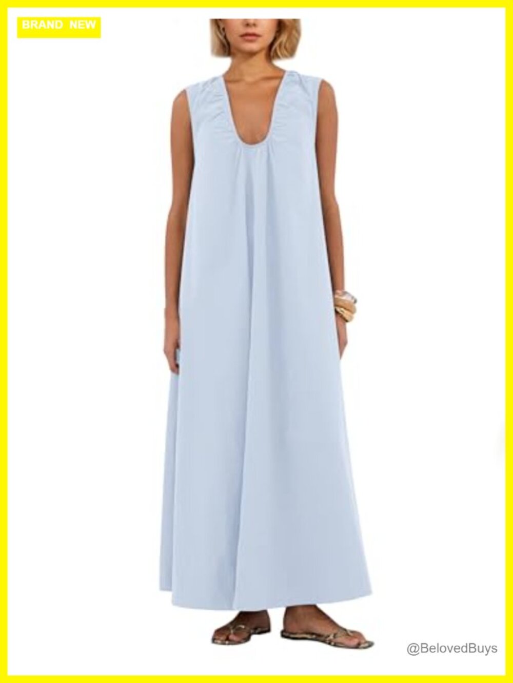 Cotton Blend Scoop Neck Ruched Maxi Dress Flowy Swing Wide Straps Sleeveless